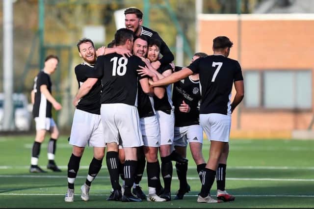 The Pentland Athletic players celebrate a goal against Dunfermline's Yeoman AFC in the last 16 of the Only Sport Sunday Amateur Cup. Picture: SW Photography