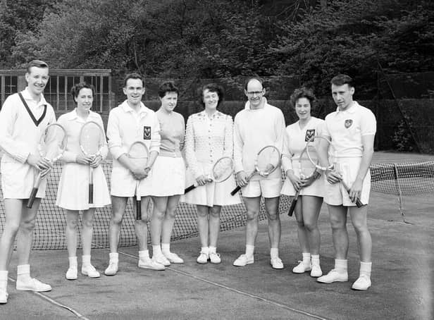 The East Mixed Doubles Tennis Team at Craiglockhart in May 1959 (left-right) O L Balfour, Miss B D Paterson, Mrs R C H Boothman, JJ Carmichael, Mrs Anne Todd and G R Chisholm.