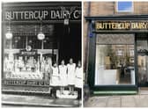 The Buttercup Dairy shop and staff at 48 Warrender Park Road in the 1920s and today as the new office of Fraser/Livingstone Architects