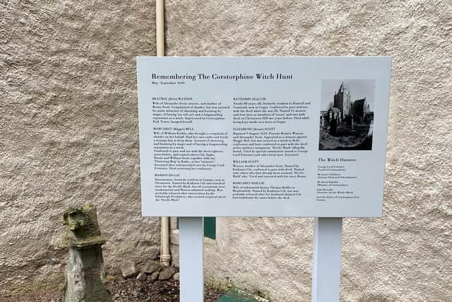 The plaque recounts the story of each person wrongly accused of witchcraft in Corstorphine in 1649 (Photo: Claire Mitchell).