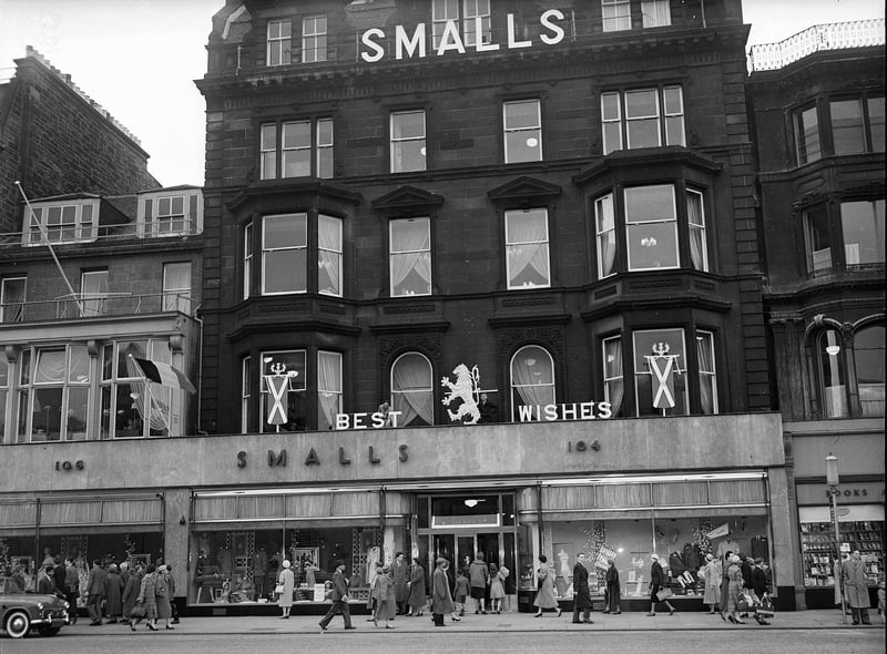 Smalls - Princes Street  Edinburgh - Royal wedding best wishes sign above store, 1960.