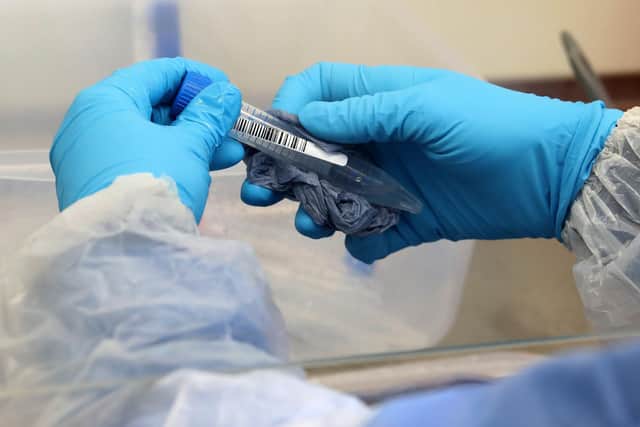 A laboratory technician wearing full PPE (personal protective equipment) cleans a test tube containing a live sample taken from people tested for the novel coronavirus, at a new Lighthouse Lab facility dedicated to testing for COVID-19, at Queen Elizabeth University Hospital in Glasgow on April 22, 2020 picture: Andrew Milligan/AFP via Getty Images