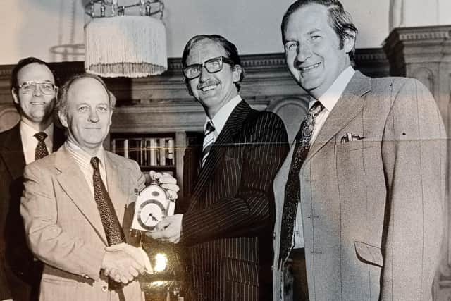 Craigie Veitch (centre) pictured being presented with a clock given to him for 35 years service at the Evening News in 1978.