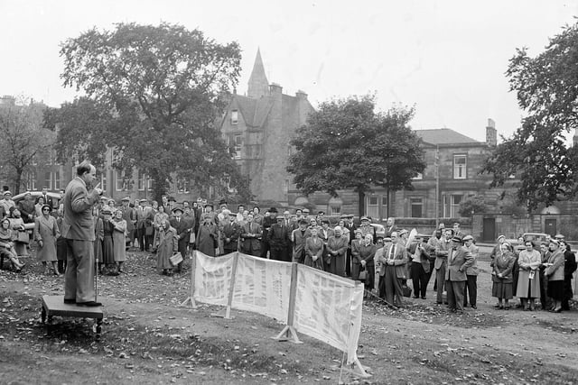 Labour's Iain MacLeod speaks at an open air meeting at Bruntsfield Links during the General Election campaign of 1959.