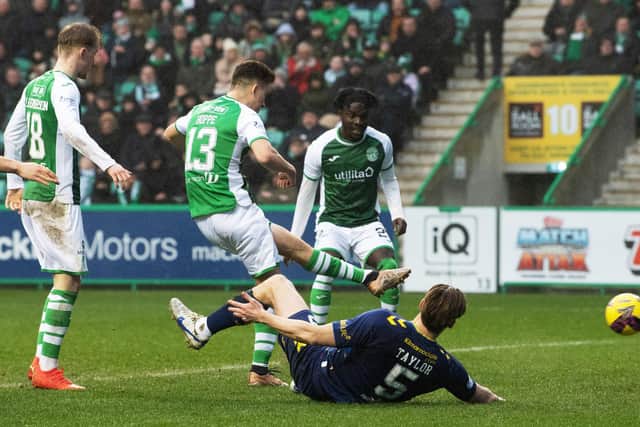 Matthew Hoppe scoring his first goal for Hibs in the 2-0 win over Kilmarnock earlier this month. Picture: SNS