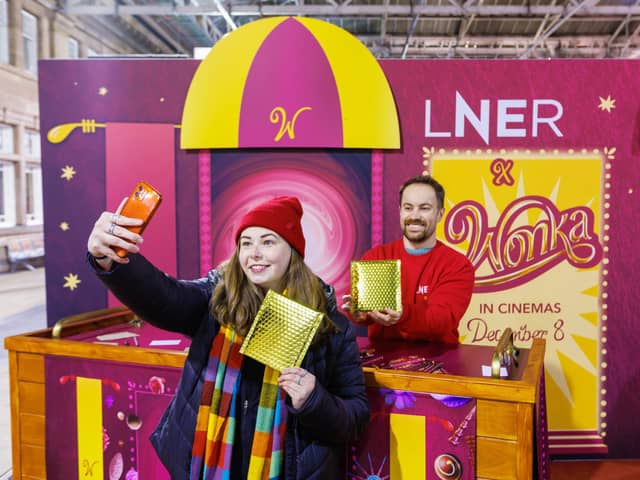 Travellers sent tasty treats to loved ones at the LNER Sharing Station this morning at Waverley, launched in celebration of the release of Wonka, in cinemas December 8.