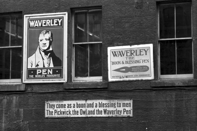 Some of the enamelled advertisements on the frontage of Blair Street in Edinburgh promoting MacNiven & Cameron's  Pickwick, Owl and Waverley fountain pens. Picture taken in April 1982. 