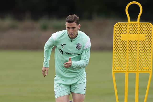 Paul Hanlon takes part in a training session at Hibs' East Mains training complex