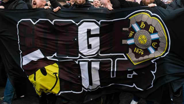 The Gorgie Ultras flag outside Tynecastle prior to Hearts' Scottish Cup match with Celtic. Picture: SNS