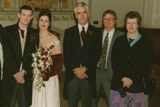 Jason's wedding picture from 1998. Pictured L-R: Jason Collie, his wife Sarah, his father Fred Collie, an uncle from the other side of the family and Elaine.