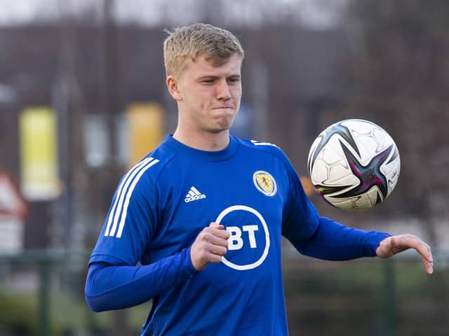 Josh Doig training for Scotland Under-21s at The Oriam ahead of Friday's match against Turkey at Tynecastle Park
