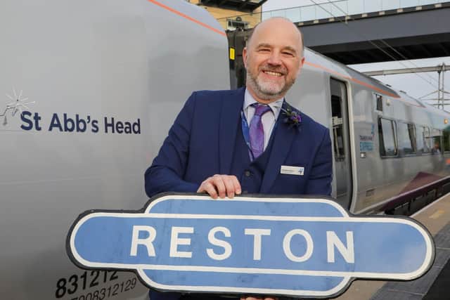 Matthew Golton, Managing Director of TransPennine Express with the newly named 'St Abb's Head' train. (Picture © Jason Lock)