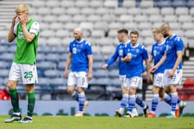 Hibernian's Josh Doig looks dejected after St Johnstone's Shaun Rooney heads home past Hibernian's Matt Macey to make it 1-0 during the Scottish Cup final match between Hibernian and St Johnstone at Hampden Park, on May 22, 2021, in Glasgow, Scotland. (Photo by Craig Williamson / SNS Group)