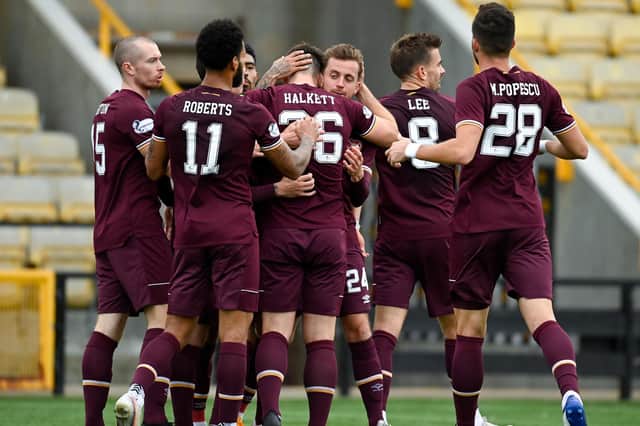 Hearts' Craig Halkett (centre) is surrounded by his team mates after scoring what proved to be the winner on Hearts' last visit to Bayview - the 1-0 over Cowdenbeath in the Betfred Cup on October 10. (Photo by Rob Casey / SNS Group)