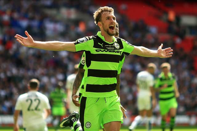 Celebrating a goal for Forest Green Rovers at Wembley en route to the EFL