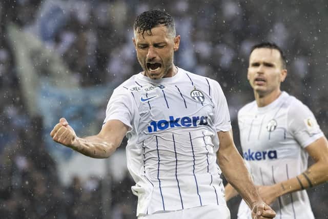 Blerim Dzemaili celebrates putting Zurich 2-1 up against Hearts in the Europa League play-off. Picture: AP