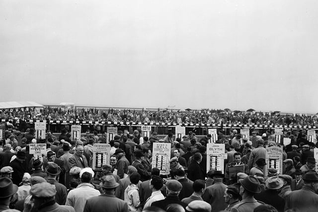 A view of the bookmakers at Musselburgh Races in April 1963.