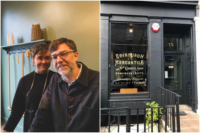 Roz and David Spencer and the outside of their new shop Edinburgh Mercantile in North West Circus Place picture: supplied