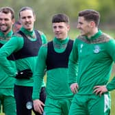Christian Doidge, Jackson Irvine, Daniel Mackay and Paul Hanlon during a Hibs training session. The former Inverness Caledonian Thistle winger has been involved with the Leith club since the the Championship season wrapped up. Photo by Alan Harvey / SNS Group