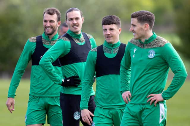 Christian Doidge, Jackson Irvine, Daniel Mackay and Paul Hanlon during a Hibs training session. The former Inverness Caledonian Thistle winger has been involved with the Leith club since the the Championship season wrapped up. Photo by Alan Harvey / SNS Group