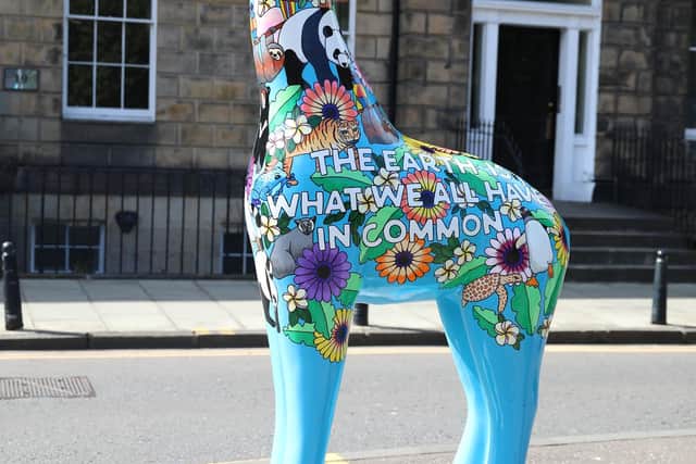 This vibrant sculpture depicts many animals that can be found at Edinburgh Zoo and uses an inspirational quote in the foreground to send home a hard hitting message.