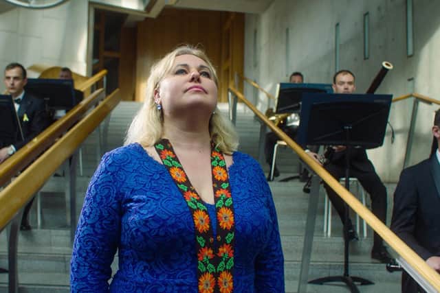 Ukrainian soprano Liudmyla Monastyrska performed with the Ukrainian Freedom Orchestra inside the Scottish Parliament building for a short film to be released on the Edinburgh International Festival's 'At Home' platform.