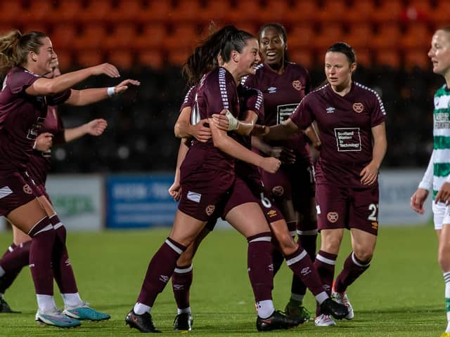 Carly Girasoli puts Hearts 2-0 up away to Celtic. Image Credit: Colin Poultney/SWPL