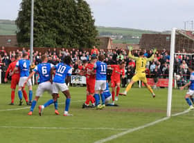 Bonnyrigg right-back heads home the third goal from Lee Currie's corner against former club Cowdenbeath. Picture: Joe Gilhooley LRPS