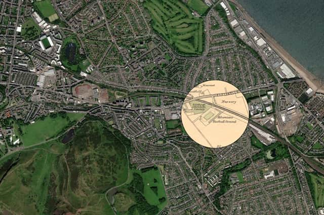 A map showing the location of the Northfield ground on a present-day map. Easter Road can be seen in the top left corner