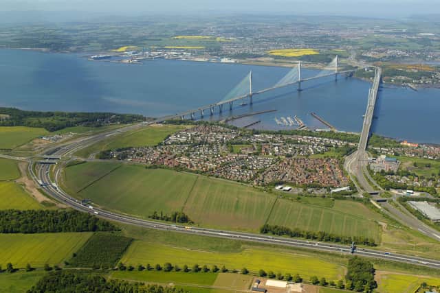 Aerial view of the land at Builyeon Road and the Forth bridges.