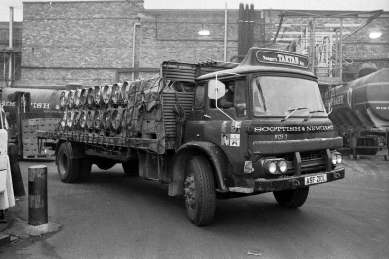 An archive photo of a Scottish & Newcastle lorry leaving Fountainbridge brewery with kegs of Tartan Special in January 1978.