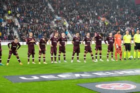 Hearts line up before their UEFA Europa Conference League match against Istanbul Basaksehir at Tynecastle. Picture: Mark Scates / SNS