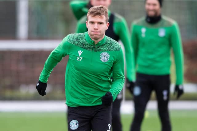 Hibs' latest signing Chris Cadden looks to hit the ground running as he tries to impress his new gaffer and team-mates in training. Photo by Mark Scates / SNS Group