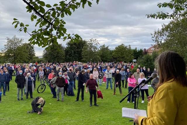 SNP councillor Lesley Macinnes addresses people from the East Craigs area about the low-traffic neighbourhood plans (Picture: Alex Cole-Hamilton)