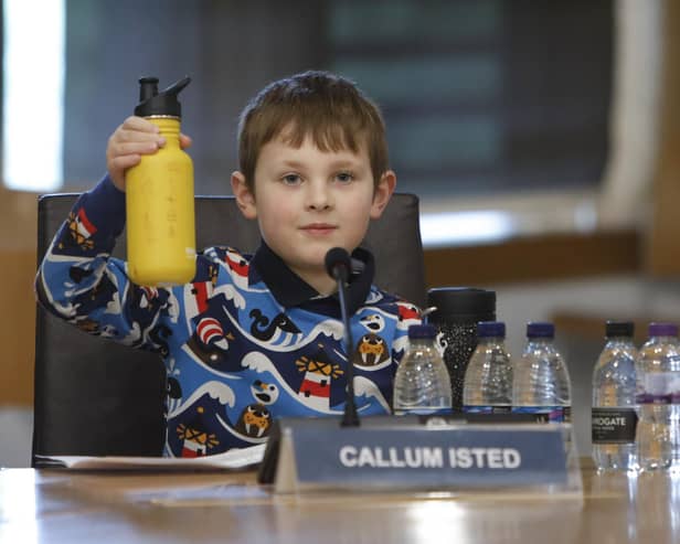 Callum Isted presents his petition to the Citizen Participation and Public Petitions Committee calling for the provision of a reusable water bottle to every primary school child in Scotland.  (Photo by Andrew Cowan-Pool/Getty Images)