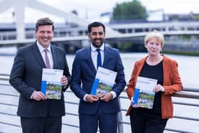 Humza Yousaf, flanked by independence minister Jamie Hepburn and Deputy First Minister Shona Robison, launches a new government paper detailing plans for a written constitution for an independent Scotland (Picture: Robert Perry/pool/Getty Images)