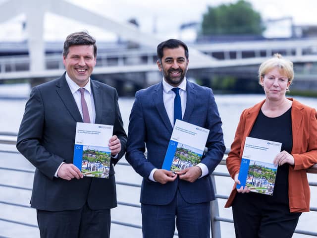 Humza Yousaf, flanked by independence minister Jamie Hepburn and Deputy First Minister Shona Robison, launches a new government paper detailing plans for a written constitution for an independent Scotland (Picture: Robert Perry/pool/Getty Images)