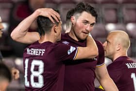 John Souttar celebrates with Aaron McEneff after the latter scored in the 6-0 win over Alloa.