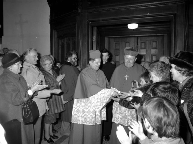 Polish-born Cardinal Josef Glemp is welcomed to St Mary's Cathedral by Cardinal Gordon Gray in February 1985.