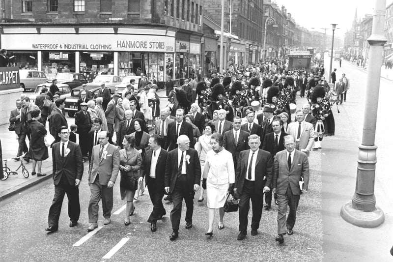 A Scottish Miners' Gala Day led by Alex Moffat and NUM leader Mick McGahey (extreme left) march down Leith Walk on their way to Leith Links in June 1966. (Photo by Albert Jordan)