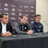 FC Zurich coach Franco Foda (centre) and midfielder Ole Selnaes (right) at Tynecastle.