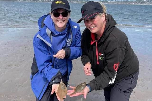 Joanne Barlow (left) and Gill Coutts during training for the shore fishing championships on Tayside. Picture: Contributed