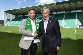 Johnson with Gordon on the day he was unveiled as Hibs manager in May last year