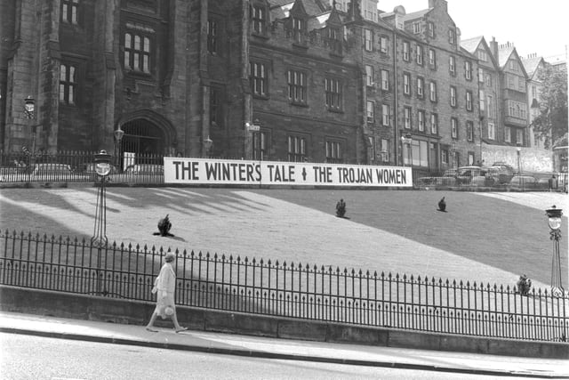 Advertising outside the Saltire Society at The Mound for The Winter's Tale and The Trojan Women at the Edinburgh Festival  in August 1966.