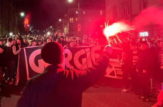 The Gorgie Ultras marching through Edinburgh's streets to Tynecastle Park