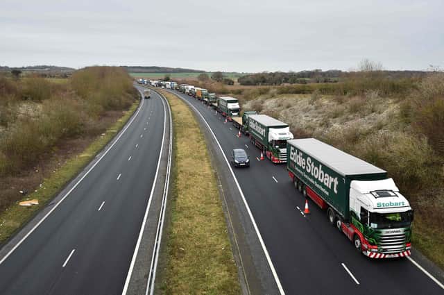 Lorries practise queuing a  few miles north of Dover in preparation for the end of the Brexit transition period (Picture: Glyn Kirk/AFP via Getty Images)