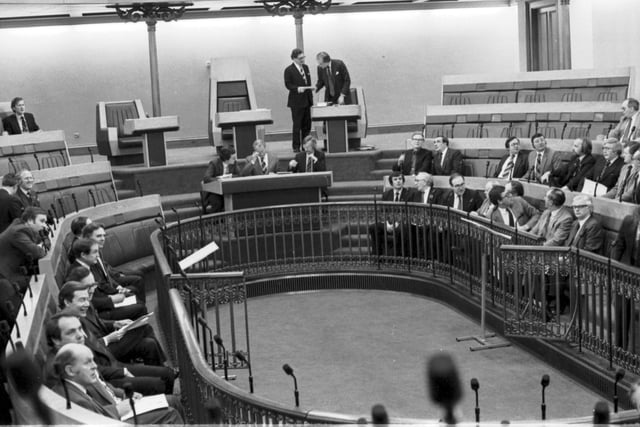 The Scottish Assembly sits for the first time at the former Royal High School in Edinburgh, February 1982.