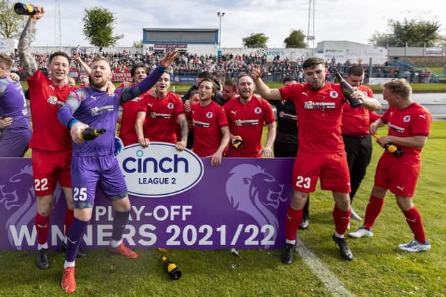 The Bonnyrigg Rose players celebrate promotion to the SPFL. Picture: Roddy Scott / SNS