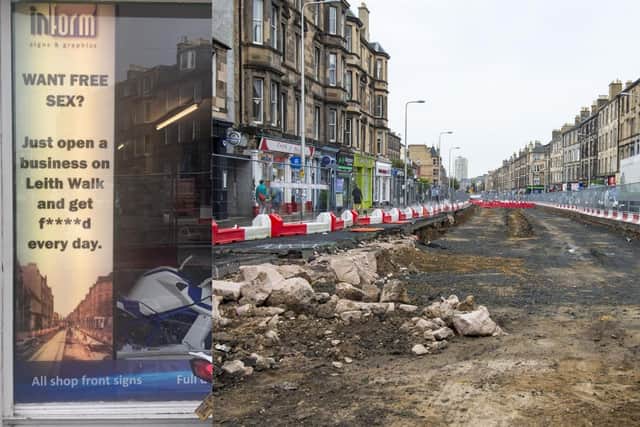 The sign outside Inform Signs and Graphics on Leith Walk jokes about the impact tram works has had on local businesses (Photo: CJ Murray and Lisa Ferguson).