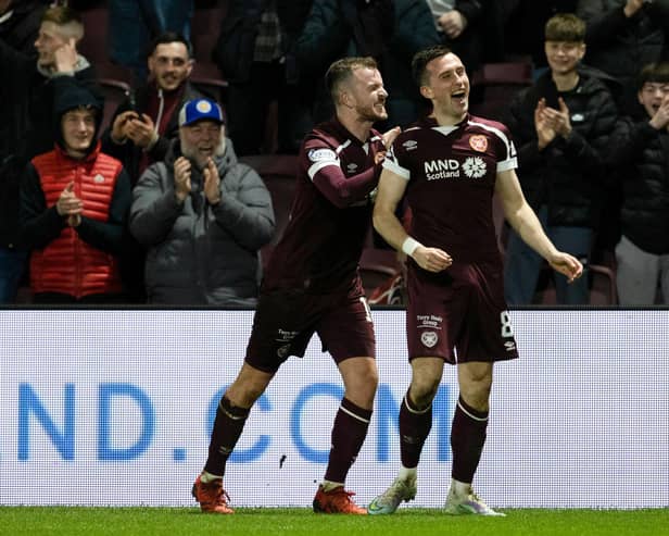 EDINBURGH, SCOTLAND - MARCH 12: Hearts' Aaron McEneff celebrates making it 3-2 with Andy Halliday during a Scottish Cup match between Hearts and St. Mirren  at Tynecastle, on March 12, 2022, in Edinburgh, Scotland.  (Photo by Alan Harvey / SNS Group)
